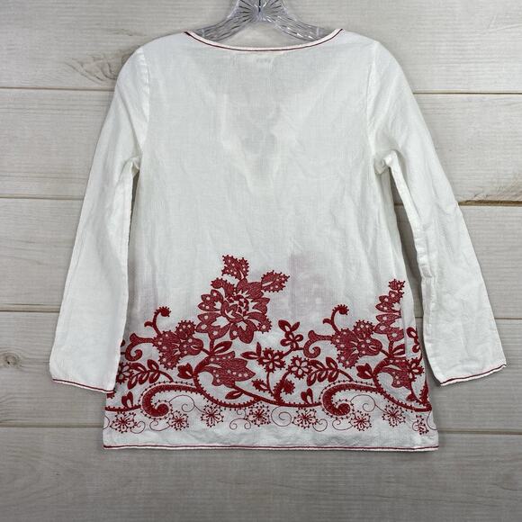 Max Studio Embroidered Peasant Blouse XS White Red Floral 100% Cotton 3/4 Slv - Picture 9 of 9